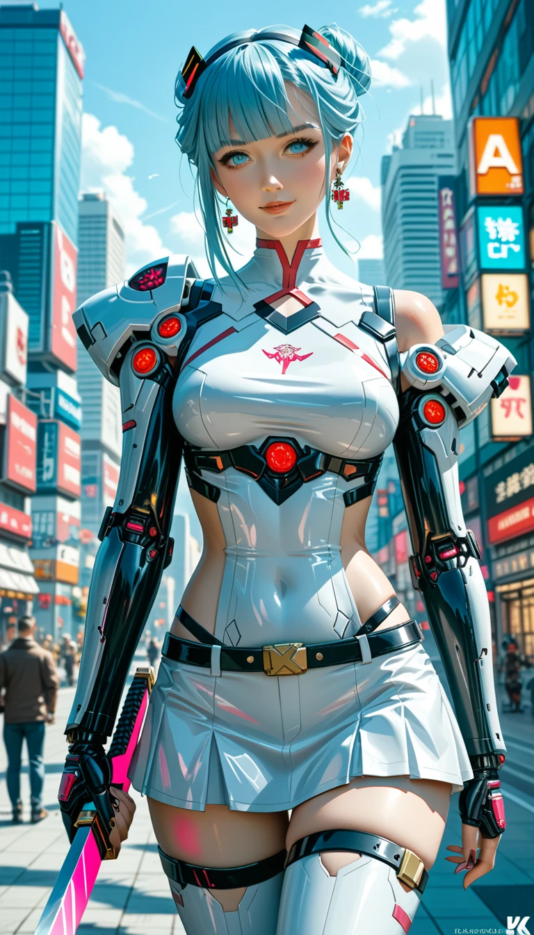 (best quality:1.2),1 girl,alone,permanent_,Ayanami Rei,white jumpsuit,Red eyes,pilot suit,short hair,blue hair,Bangs,interface headphone,turtleneck sweater,hair between eyes,Pixelated background,neon lights,sci-fi color scheme,bright colors,metallic feel,Detailed shadows,holographic interface,dark atmosphere,high contrast,sharp focus,strands of hair,Reflective surface,Exquisite details,high resolution,studio lighting,Red embellishment,lighting environment,Artificial Intelligence Assistant