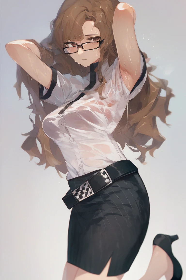 ChopioMoeka, brown hair, long hair, brown eyes, (looking at viewer:1.3),white shirt, short sleeves, black ribbon, black belt, black skirt, pencil skirt, miniskirt, black heels, glasses, soaked, sweat all.over, hands up, armpits