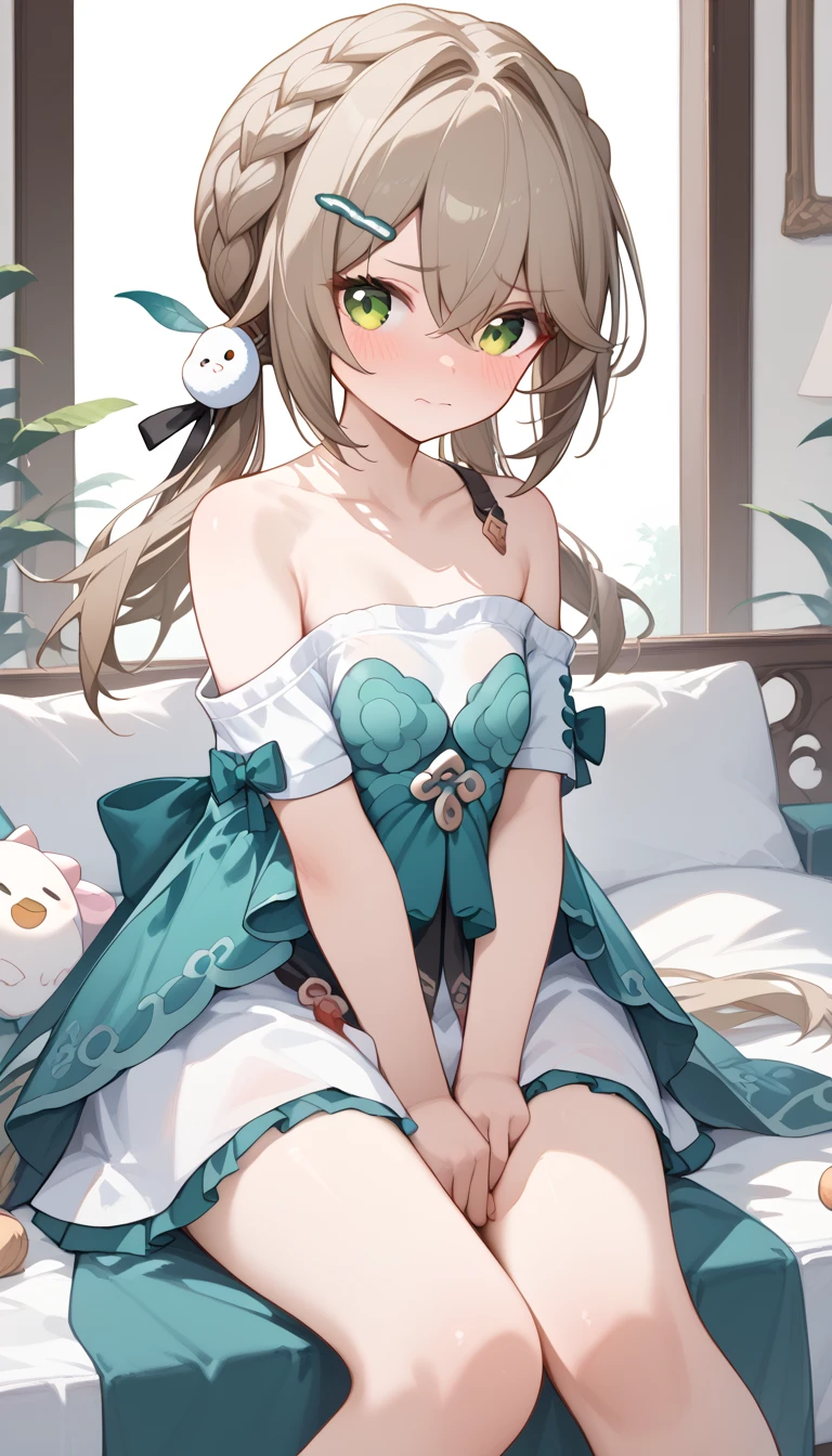 small breasts, brown hair, green eyes, braid, low twintails, hair ornament, hairpin, qingque,　Alone,  eyebrow visible from inside hair ,  hair between eyes　 top quality, very aesthetic, Tube Top　 white t-shirt 　oversized clothes　　bare shoulders　you work you lose, clothes writing　bottomless　Embarrassed　blush　 hotel 