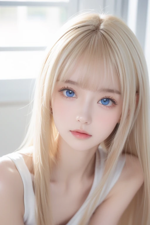  portrait、very white high school girl、Young, white, shiny skin 、Best Looks、Blonde Reflected Light 、 Platinum Blonde Hair with Dazzling Highlights 、 shiny bright hair 、super long silky super long straight hair、Shiny, beautiful bangs、Shining crystal clear and attractive large bright, very bright skylight blue eyes、A lovely young, cute, innocent  girl with a very beautiful innocent appearance 、 raise one arm、Full-bodied Esbian、 beautiful breasts、Small Face Beauty、round face、 bangs over eyes 、Bangs between the eyes、 cheek gloss highlights