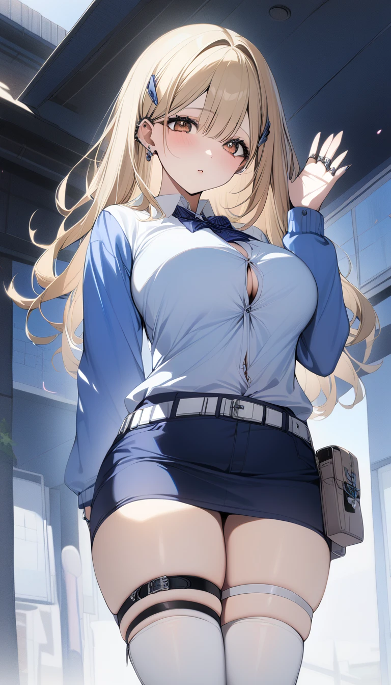  1 girl,Tear, Blonde,  hair ornament,  hair clip,  brown eyes,  blue tie,   blue cardigan,  white shirt, Button Gap ,  blue skirt,  white knee-highs, Big Breasts,  thigh thickness, The sleeve goes past the wrist , Black nails, ring,  ear earrings,  thigh strap to hide one ear,  belt pouch , outdoor,School,cherry blossoms_blossoms,masterpiece, top quality,looking at viewer, behind your butt, waving