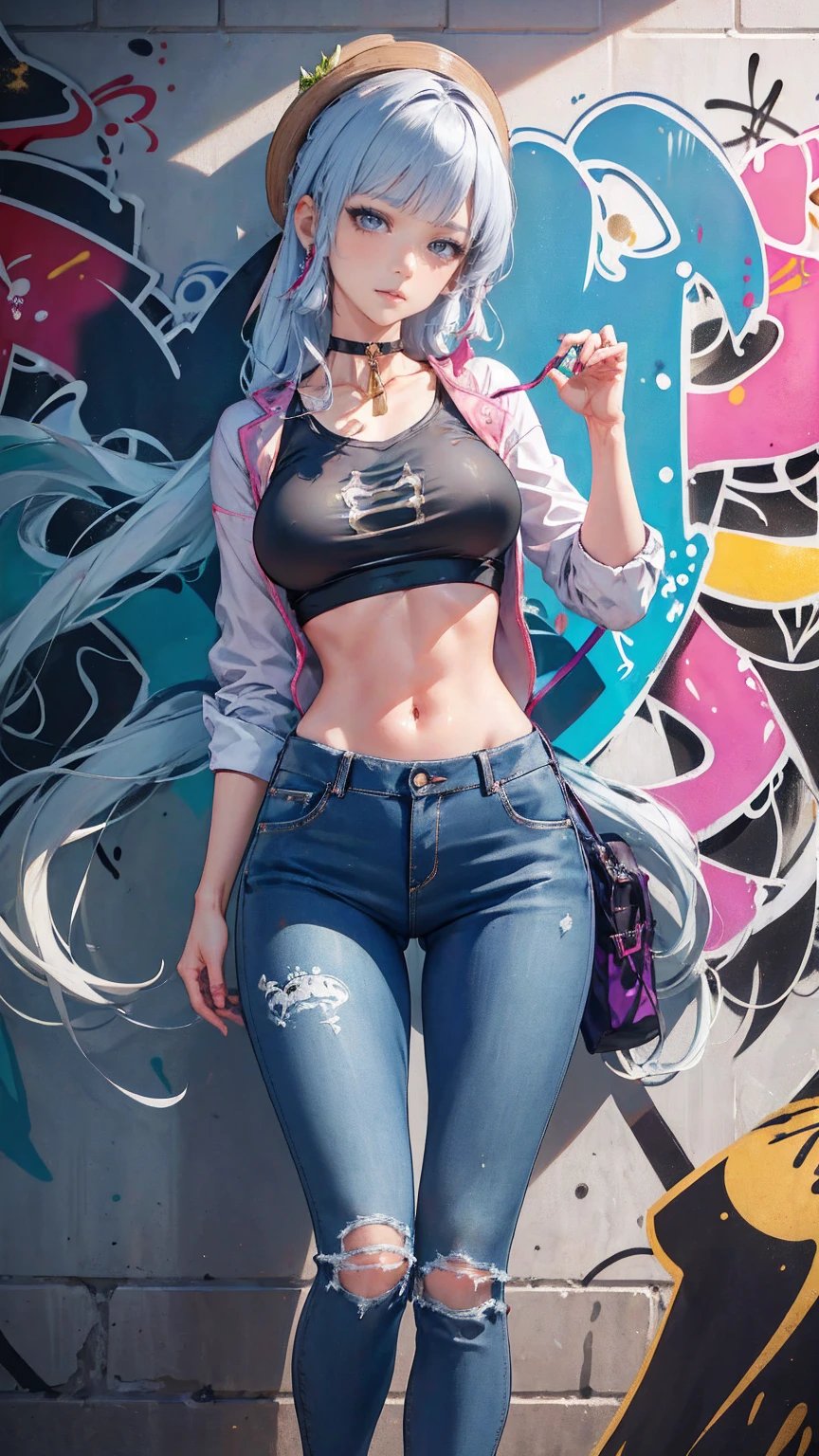 kamisato ayaka|genshin impact, master-piece, bestquality, 1girls,20 age, proportional body, Modern sci-fi costumes, Long Jeans, oversized breasts, ,bara, choker, (Graffiti:1.5), Splash with purple lightning pattern., arm behind back, View viewers from the front., Thigh strap, Head tilt, bored,