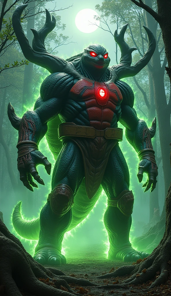 Pau Brasil tree monster, full body, light green and red tones, frontal view, attack stance, fierce gaze.