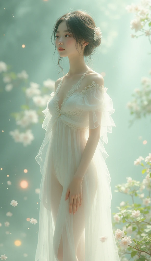 (Fairy of the Wind) teenage girl, dancing in the wind, steppe, water lake, thin robe, light clothing, wearing nothing, beautiful head, one girl, alone, small, bob hair style, blonde, slim body, whole body, delicate skin, clear white skin, cinematic lighting, morning sun, slender fingers, beautiful face, film light, light relative, elf, flying, floating, wind, flower, bright, blur,