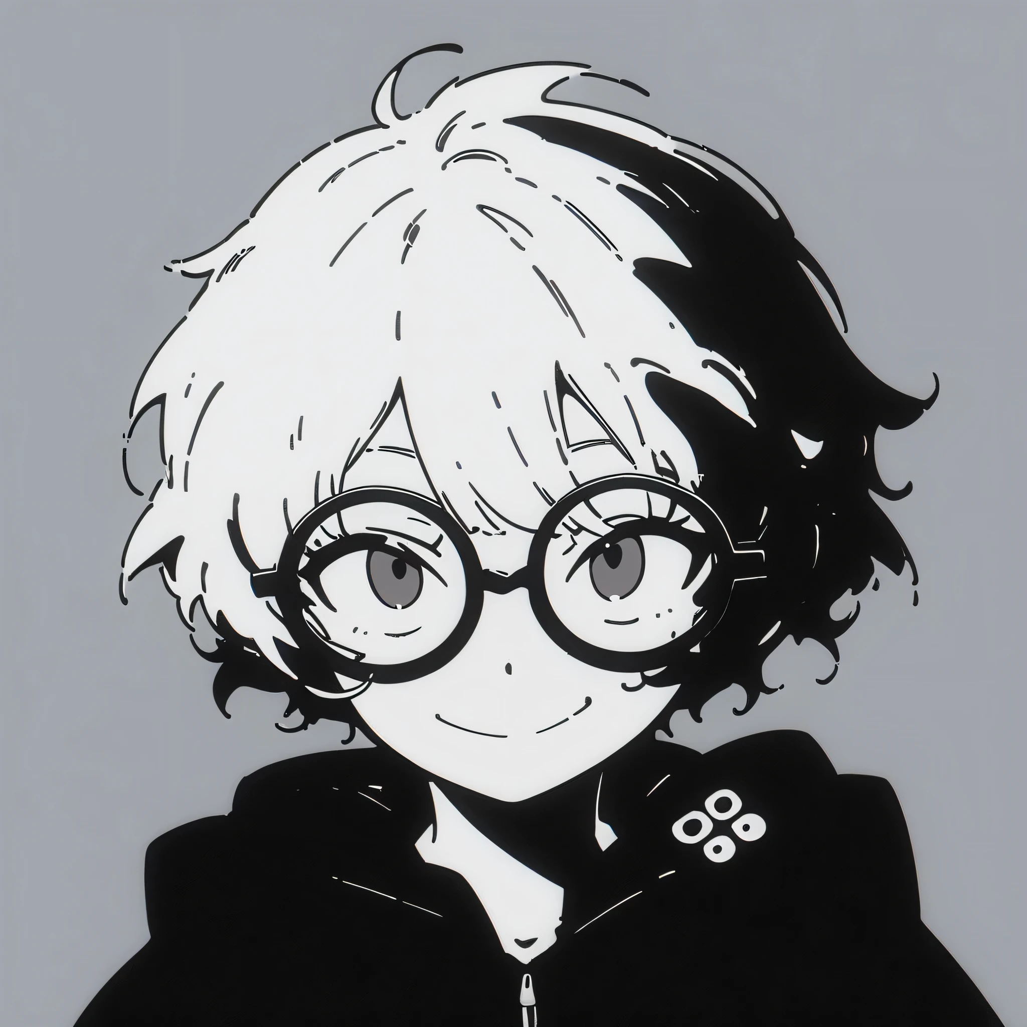 score_9, best quality, anime, lora, keke, 1girl, white hair, short hair, black eyes, circular glasses, grey background, smirk, solo, upper body, black hoodie, black clothes, high contrast, -shadow, simple colors, clean lineart, duotone