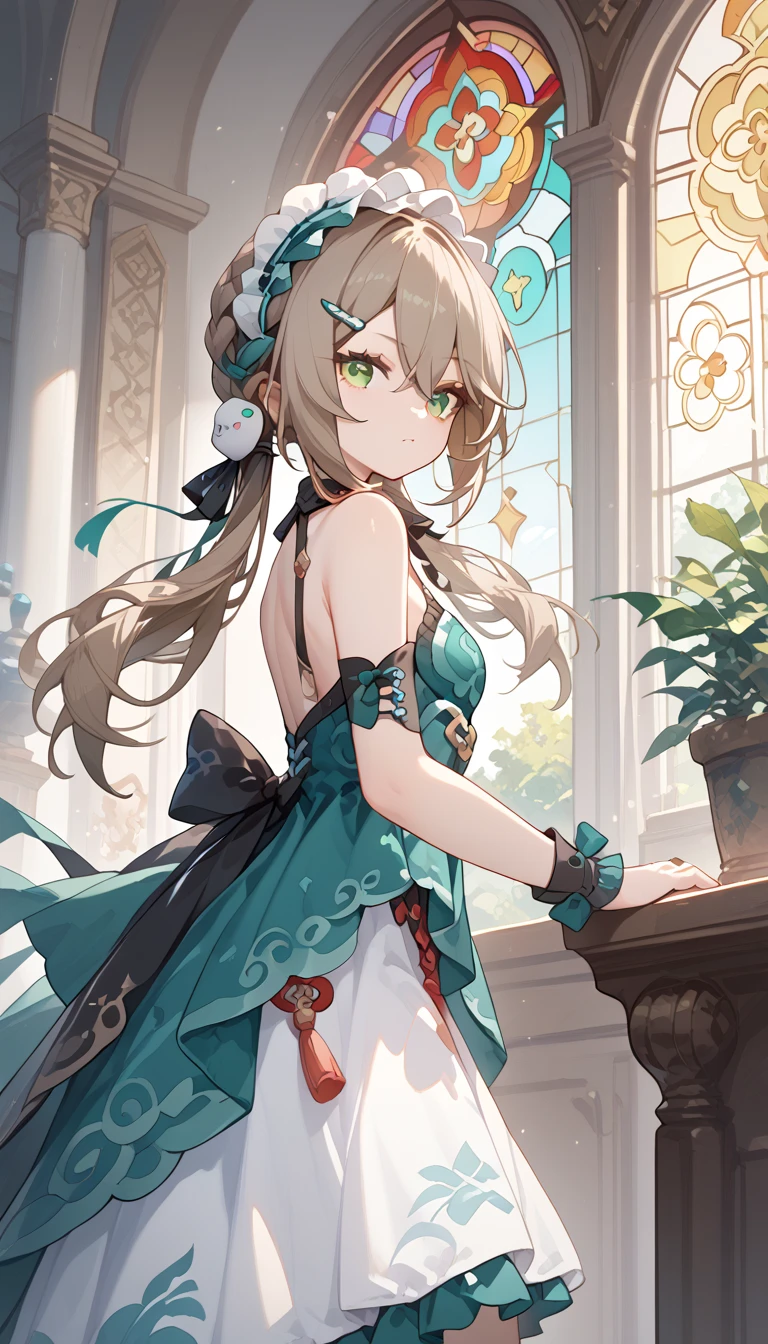 small breasts, brown hair, green eyes, braid, low twintails, hair ornament, hairpin, qingque,　Alone,  eyebrow visible from inside hair ,  hair between eyes　 top quality, very aesthetic, bare shoulders　gothic lolita　 Headdress　Frills　palace　 stained glass