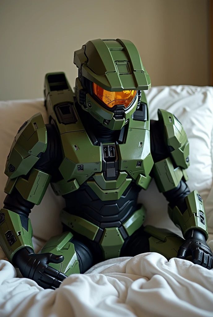 male posing, (((16yo), full body view, nice dick, bottomless, (covered in cum), atmospheric, ultra realistic, white hair, wet body, camo futuristic armoured vest, lying in bed, haness, SWAT helmet,