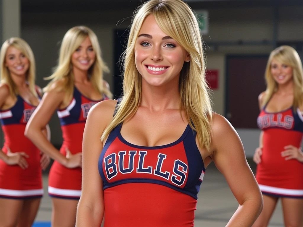 college cheerleader, age 25, sexy, smiling, red lips, athletic bodytype, team name "BULLS" on the shirt, popular girl, blonde hair, blue eyes, red uniform, laughing, group of other blonde cheerleaders behind her