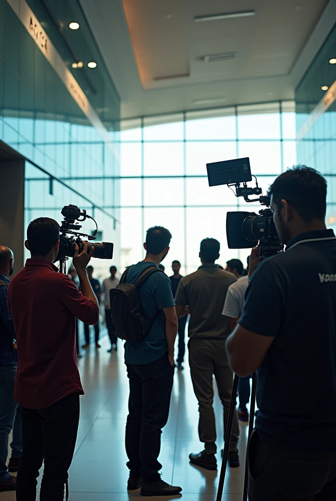 The female reporter holding the microphone is the main scene, there are many reporters and many people