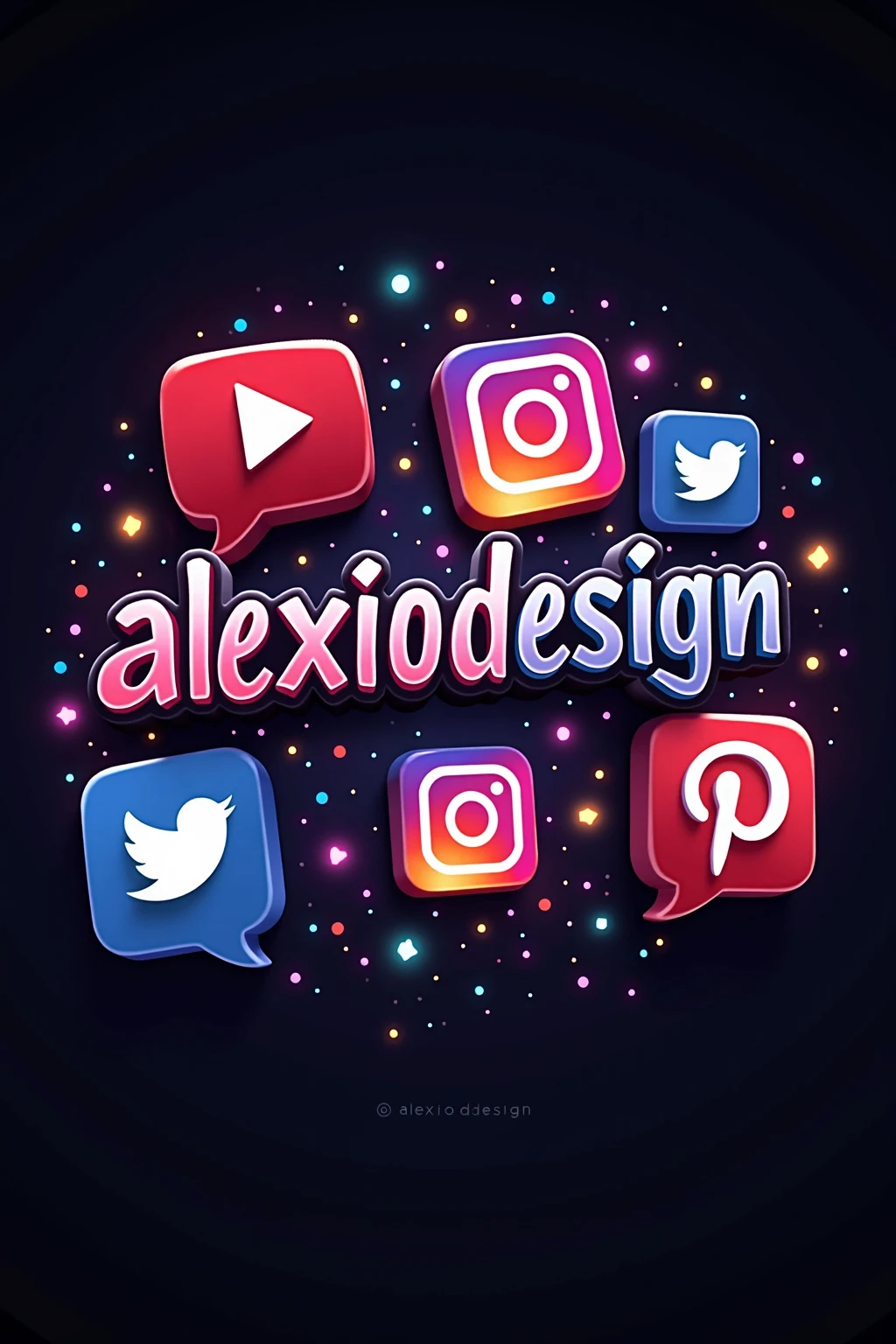  Create an image that says . ALEXIODESIGN  ,,  with a creative font with somewhat striking , strong colors ,  behind the text add the logos of the main social networks ( FACEBOOK INSTAGRAM TIKTOK MESSENGER  ) ,  also add the logos of the main social networks , just add the logos ,  don't add the names  