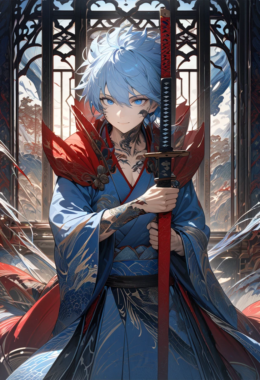  Light Blue Hair ,  blue eyes, A pretty red kimono, Lots of tattoos ,  Dragon Tattoos on Arms ,  open chest ,  Wide Neckline , chest window,  Window on Chest ,  smile ,  Magical Tails , masterpiece,  best quality, Full HD, 8k,  Ultra High Resolution Details,  Stunning Graphics , Carving a sword