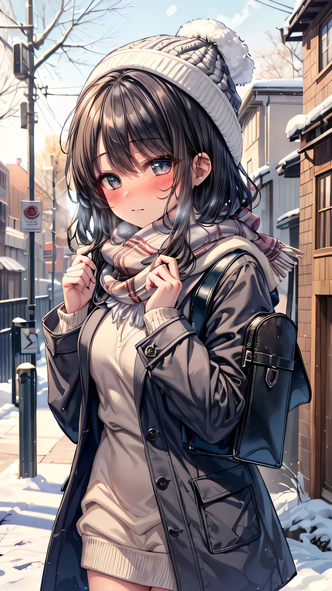 ((masterpiece, sidelighting, finely detailed beautiful eyes: 1.2)), (anatomically collect:1.3), Extremely cute, (extremely detailed beautiful face), (Authentic skin texture:1.4), (outdoor, winter, snowy landscape, park:1.2), (1 hit girl:1.2), (large breasts), (short black hair), (duffel coat, woolen scarf, Woolly hat:1.2), (socks, loafer:1.2), (blush cheek:1.4), (shy, happy), (face focus:1.2), school bag, (steam)