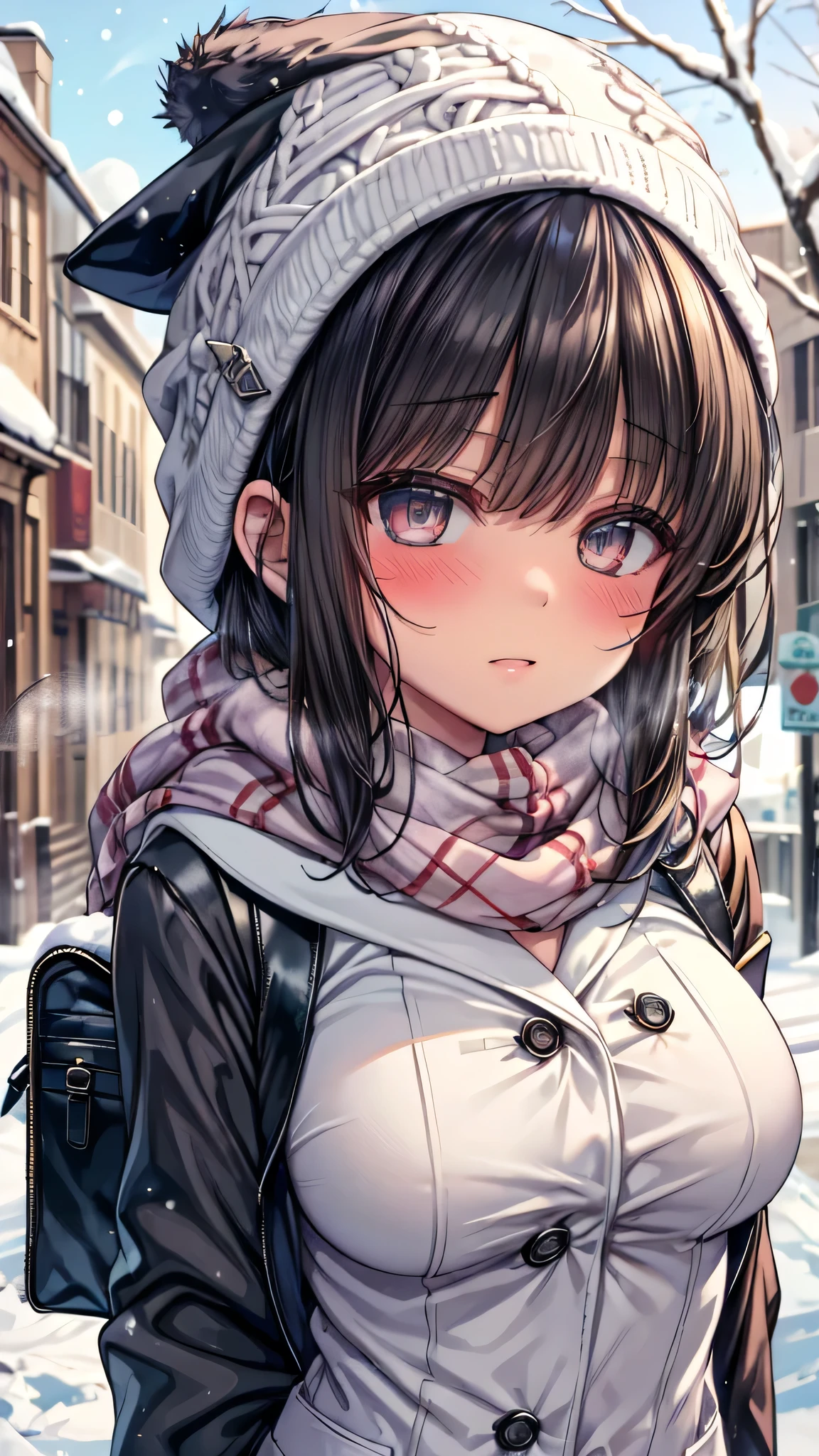 ((masterpiece, sidelighting, finely detailed beautiful eyes: 1.2)), (anatomically collect:1.3), Extremely cute, (extremely detailed beautiful face), (Authentic skin texture:1.4), (outdoor, winter, snowy landscape, park:1.2), (1 hit girl:1.2), (large breasts), (short black hair), (duffel coat, woolen scarf, Woolly hat:1.2), (socks, loafer:1.2), (blush cheek:1.4), (shy, happy), (face focus:1.2), school bag, (steam)