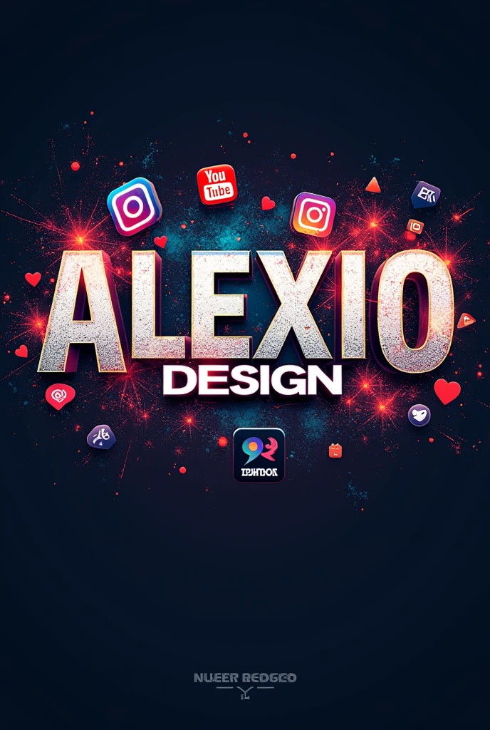  Create an image that says . ALEXIODESIGN  ,,  with a creative font with somewhat striking , strong colors ,  behind the text add the logos of the main social networks ( FACEBOOK INSTAGRAM TIKTOK MESSENGER  ) ,  also add the logos of the main social networks , just add the logos ,  don't add the names  