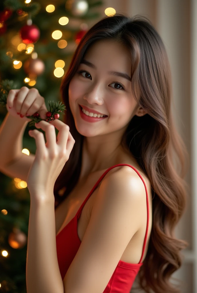 The face is a hostess、bra very、pantiy、hiquality、A hyper-realistic、healthy、Smiling expression、Slender perfect figure、Japan beauties、beautidful eyes、face perfect、Beautiful skin、Christmas tree