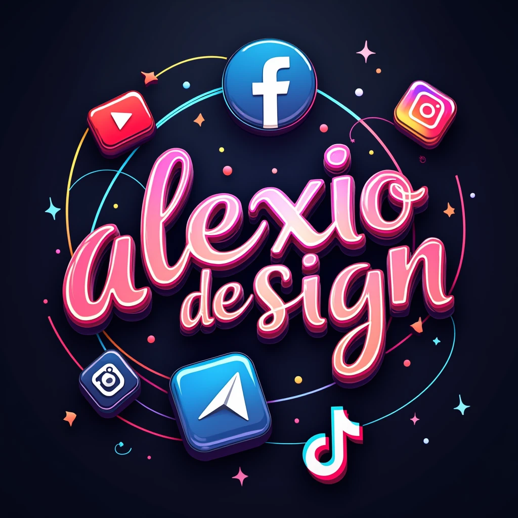  Create an image that says . ALEXIODESIGN  ,,  with a creative font with somewhat striking , strong colors ,  behind the text add the logos of the main social networks ( FACEBOOK INSTAGRAM TIKTOK MESSENGER  ) ,  also add the logos of the main social networks , just add the logos ,  don't add the names  