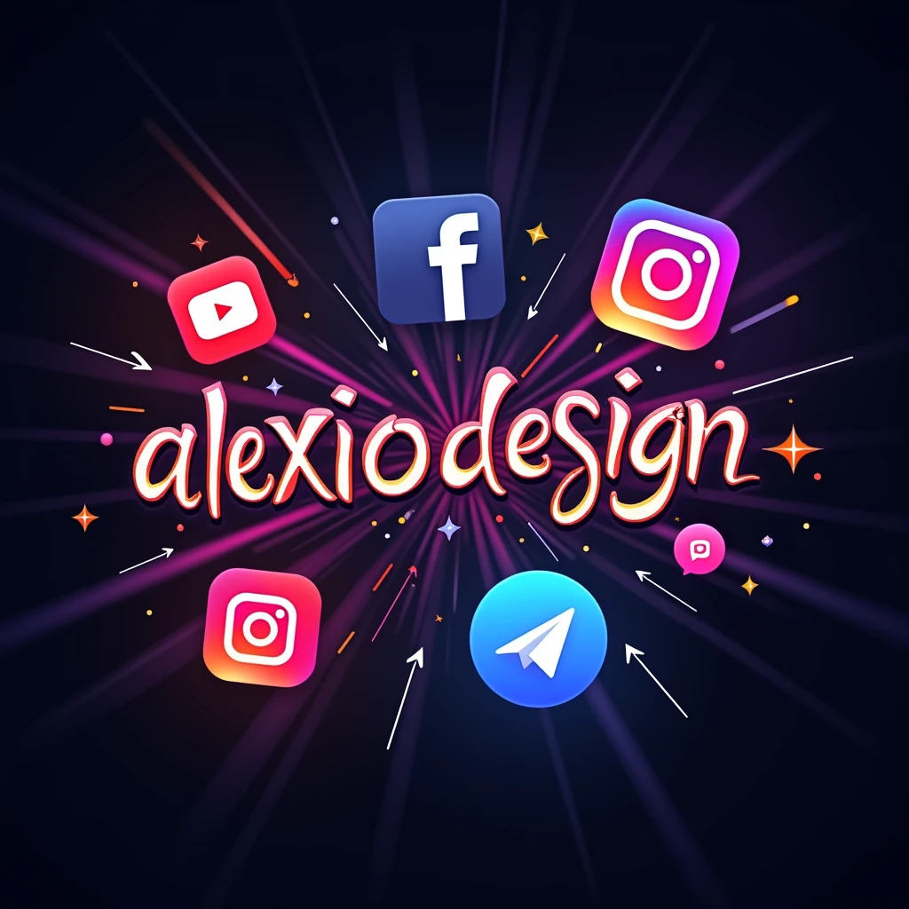  Create an image that says . ALEXIODESIGN  ,,  with a creative font with somewhat striking , strong colors ,  behind the text add the logos of the main social networks ( FACEBOOK INSTAGRAM TIKTOK MESSENGER  ) ,  also add the logos of the main social networks , just add the logos ,  don't add the names  