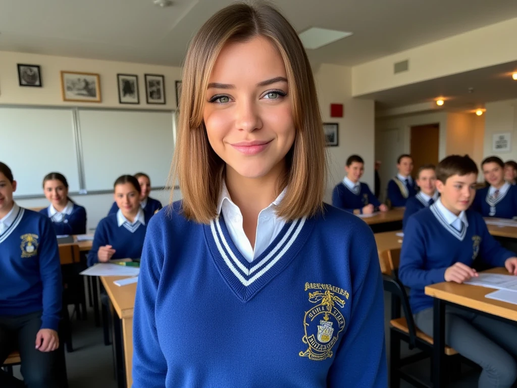 18 year old Laurence Bedard in blue school uniform, school class,  brown hair , green eyes