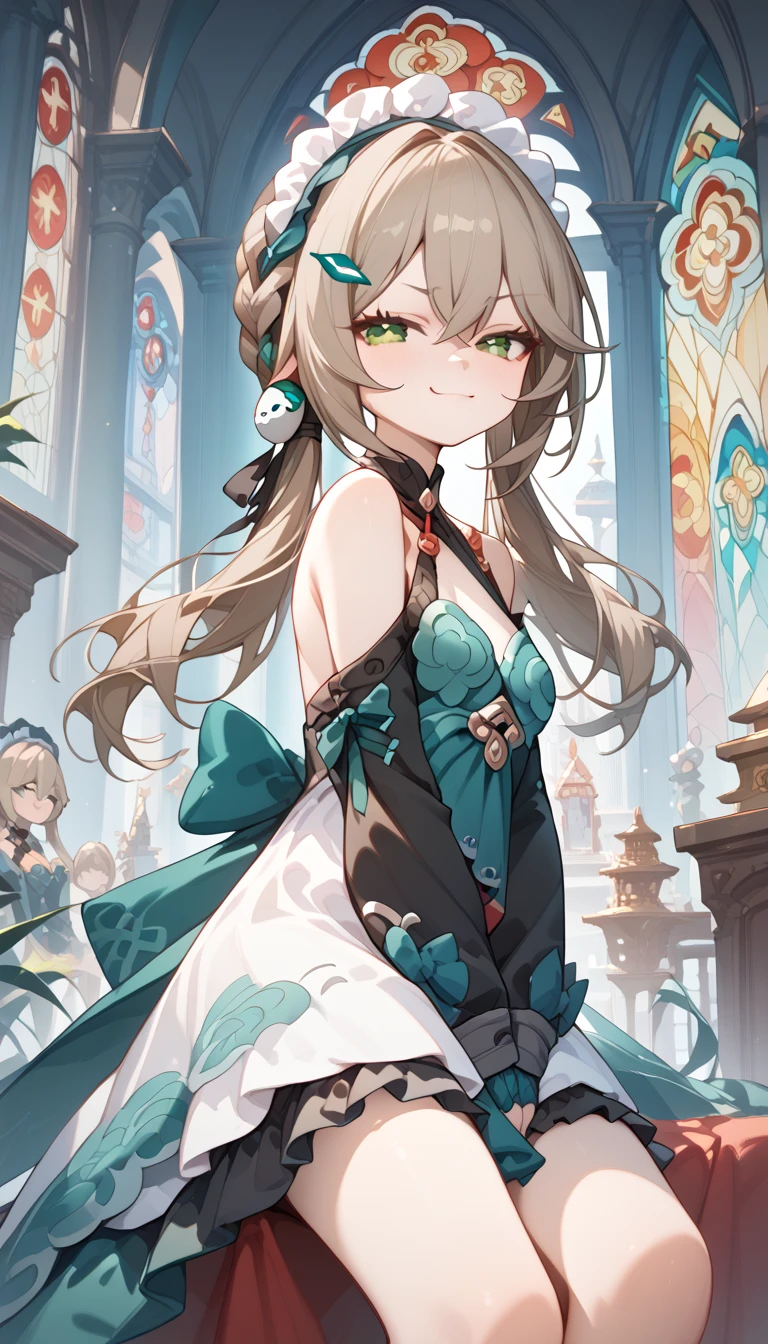 small breasts, brown hair, green eyes, braid, low twintails, hair ornament, hairpin, qingque,　Alone,  eyebrow visible from inside hair ,  hair between eyes　 top quality, very aesthetic, bare shoulders　gothic lolita　 Headdress　Frills　palace　 stained glass　smug face