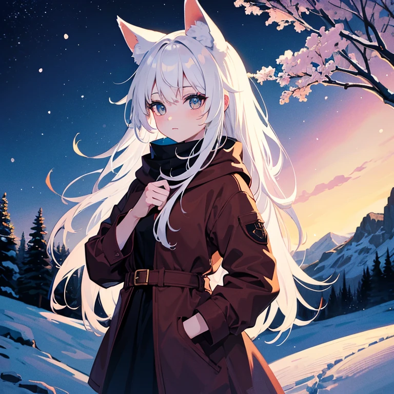 beautiful fox girl, high textures, scenery, masterpiece, best quality, mountain, night time, white hair, season, snow, aurora