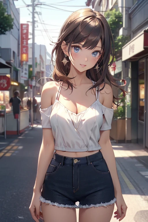 (masterpiece, Best Quality, ultra-detailed, high resolution, extremely detailed CG, official art, Professional Lighting, Perfect Anatomy, anime colors), (from below), looking at viewer, cowboy shot, perfect body, a 24yo beautiful girl, sidelocks, hairband, earrings,medium hips, glamorous body,a small face,beautiful-makeup,Makeup light,dark brown hair, Amazing Cleavage, thin waist, cute ass, Raised sexy, small breast: 1.2 posed cleavage:1.2, (off shoulders,Denimbra,legginullnude), micro denim shorts, bare legs, nail_polish, pale skin, Waiting friend, (morning:1.5), tokyo, (convenience store:1.3), outdoor, (depth of field:1.3), contrapposto, (Hold a coffee in your hand:1.3),delicate beautiful face, Bright blue eyes, cute eyes, sparkling eyes, Big eyes, (perky chest:1.1), (pointed chest:1.3), looking at viewer,
