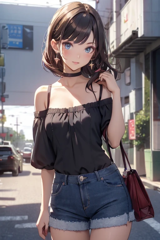 (masterpiece, Best Quality, ultra-detailed, high resolution, extremely detailed CG, official art, Professional Lighting, Perfect Anatomy, anime colors), (from below), looking at viewer, cowboy shot, perfect body, a 24yo beautiful girl, sidelocks, hairband, earrings,medium hips, glamorous body,a small face,beautiful-makeup,Makeup light,dark brown hair, Amazing Cleavage, thin waist, cute ass, Raised sexy, small breast: 1.2 posed cleavage:1.2, (off shoulders,Denimbra,legginullnude), micro denim shorts, bare legs, nail_polish, pale skin, Waiting friend, (morning:1.5), tokyo, (convenience store:1.3), outdoor, (depth of field:1.3), contrapposto, (Hold a coffee in your hand:1.3),delicate beautiful face, Bright blue eyes, cute eyes, sparkling eyes, Big eyes, (perky chest:1.1), (pointed chest:1.3), looking at viewer,
