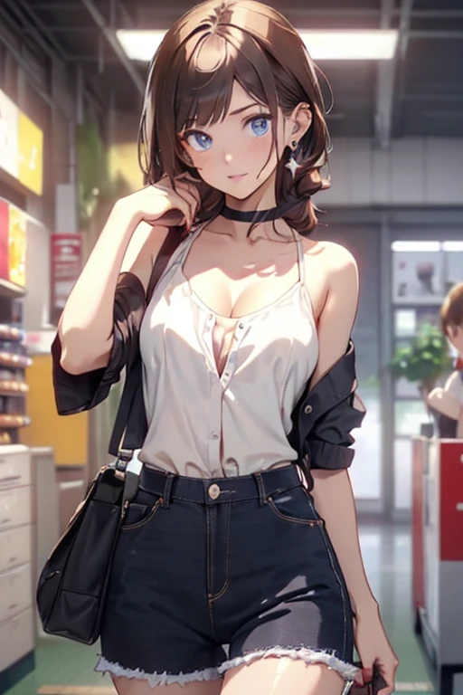 (masterpiece, Best Quality, ultra-detailed, high resolution, extremely detailed CG, official art, Professional Lighting, Perfect Anatomy, anime colors), (from below), looking at viewer, cowboy shot, perfect body, 24yo beautiful 1girl, medium hips, glamorous body,a small face,beautiful-makeup,Makeup light,Shortcut Hair,dark brown hair、Bust b Cup, Amazing Cleavage, thin waist, big ass, Raised sexy, big breast: 1.2 posed cleavage:1.2, (off shoulders,Sportsbra,legginullnude), micro denim shorts, bare legs, nail_polish, pale skin, Waiting friend, (morning:1.5), tokyo, (convenience store:1.3), outdoor, (depth of field:1.3), contrapposto, (Hold a coffee in your hand:1.3),delicate beautiful face, Bright magenta eyes, cute eyes, sparkling eyes, Big eyes, (big breasts:1.3), (perky chest:1.1), (pointed chest:1.3), looking at viewer,
