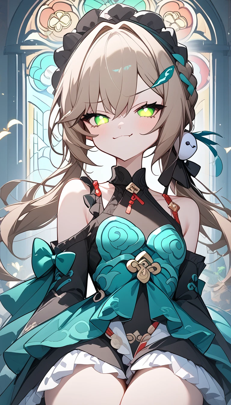 small breasts, brown hair, green eyes, braid, low twintails, hair ornament, hairpin, qingque,　Alone,  eyebrow visible from inside hair ,  hair between eyes　 top quality, very aesthetic, bare shoulders　gothic lolita　 Headdress　Frills　palace　 stained glass　smug face