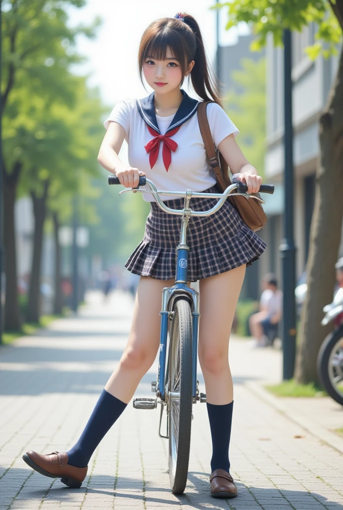 Masterpiece, 8k, Photorealistic, Wallpaper, top-quality, Beautiful Japanese High school girl, Photorealistic, (Plump breast:1.3), Dynamic angle, 
school uniform, Check pattern pleated mini skirt, Dark blue socks, Lofer, Straddling a bicycle, legs spread apart, toes of loafers landing on the ground, Backpack, (From below1.3), morning, Ponytail, Sunshine,