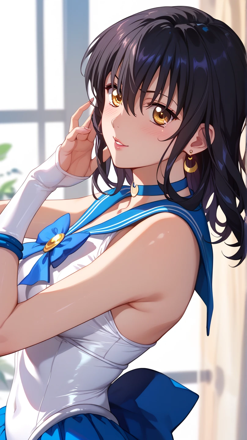 ( super high resolution 、 highest image quality taken by Ki、 top quality、 More Details:1.2)、(Himeragi Yukina:1.25)、 1 woman 、solo、 black hair、Shiny Hair、 bangs between eyes、 golden eyes、Glamorous eyes、 textured skin、 SAILOR MOON COSTUME 、Shiny Earrings、 choker 、 standing、whole body、front、 from before、blush、 smiles、