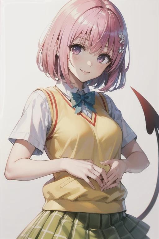 Momo Deviluke,  hair flower,  Hair Accessory ,  purple eyes、  pink hair, short hair, Tail,demon Tail,  Sainan High School Uniform,  white shirt,  sweater vest, ( yellow vest :1.1), Short sleeve,  plaid skirt ,  green skirt , Short sleeve, best quality,light smile