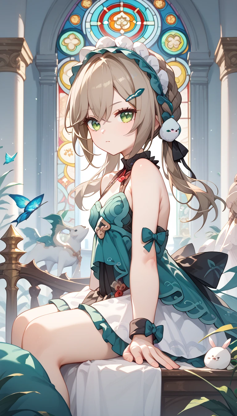 small breasts, brown hair, green eyes, braid, low twintails, hair ornament, hairpin, qingque,　Alone,  eyebrow visible from inside hair ,  hair between eyes　 top quality, very aesthetic, bare shoulders　gothic lolita　 Headdress　Frills　palace　 stained glass