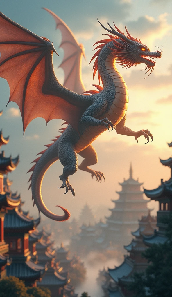 Realistic and spectacular golden Japanese wingless dragon with glowing eyes。The body is long like a snake.。She strikes a powerful pose against the backdrop of a dramatic stormy sky, rising from a torii gate lit by the golden rays of the set… Stretch Download