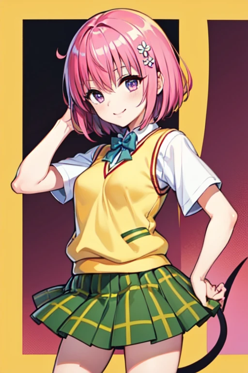 Momo Deviluke,  hair flower,  Hair Accessory ,  purple eyes、  pink hair, short hair, Tail,demon Tail,  Sainan High School Uniform,  white shirt,  sweater vest, ( yellow vest :1.1), Short sleeve,  plaid skirt ,  green skirt , Short sleeve, best quality,light smile