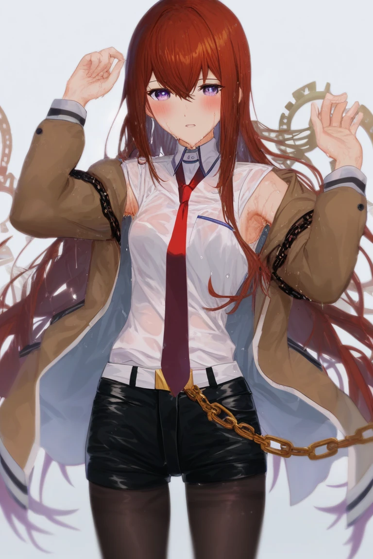 score_9, score_8_up, score_7_up, Accurate, Masterpiece, High Resolution, Detail, 1girl, Looking at viewer, makise kurisu, purple eyes, very long hair, bangs, chain, gears, hair between eyes, without jacket, shirt, white shirt,  long sleeves, necktie, red necktie, open clothes, open jacket, short shorts, black shorts, black legwear, pantyhose, armpit sweaty, body soaked, sweat all over, clothes wet, hands up, blushing,