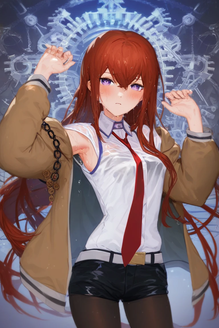 score_9, score_8_up, score_7_up, Accurate, Masterpiece, High Resolution, Detail, 1girl, Looking at viewer, makise kurisu, purple eyes, very long hair, bangs, chain, gears, hair between eyes, without jacket, shirt, white shirt,  long sleeves, necktie, red necktie, open clothes, open jacket, short shorts, black shorts, black legwear, pantyhose, armpit sweaty, body soaked, sweat all over, clothes wet, hands up, blushing,