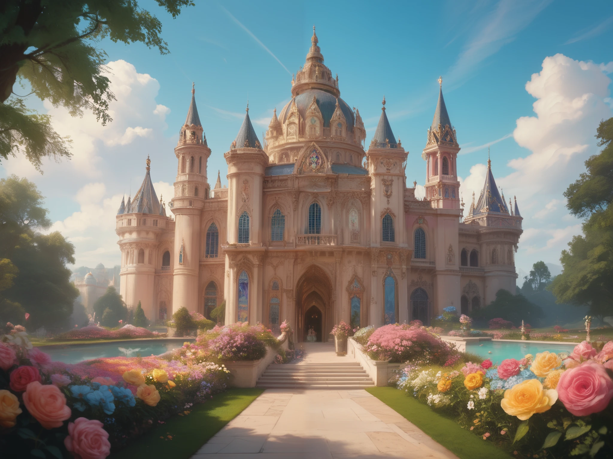 A realistic garden filled with colorful blooming flowers in a classic palace setting, featuring ornate architectural details, soft pastel tones, and a dreamy atmosphere with gentle cloud effects in the sky.