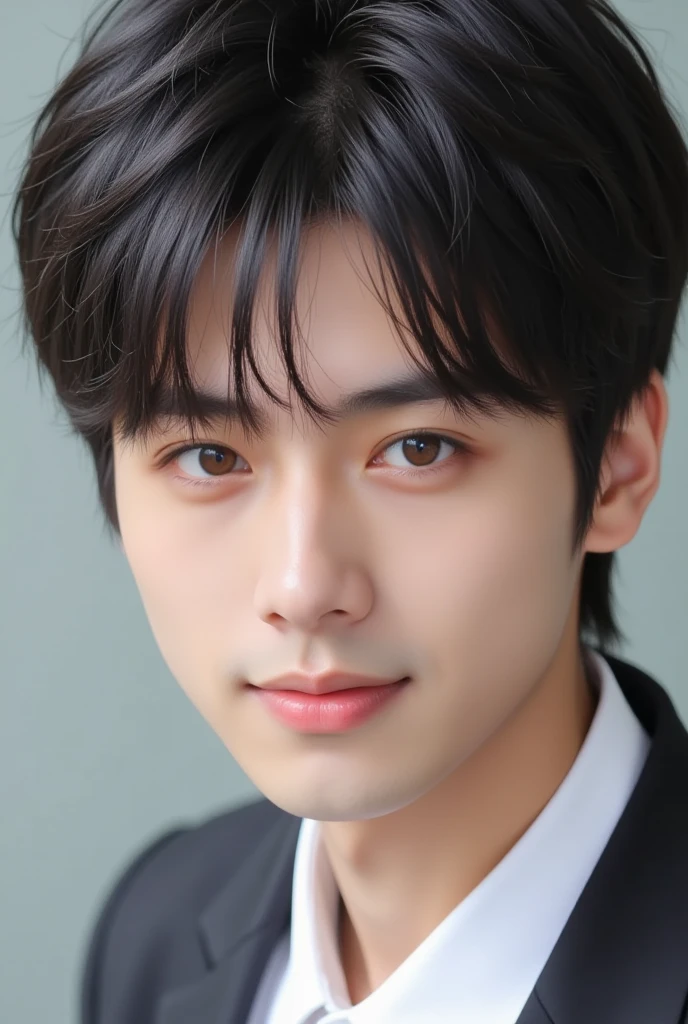  handsome mix korean japanese boy, short black hair, dark brown eyes, gentle smile, sharp eyebrows, round face, cool, detailed eyes and face, small nose