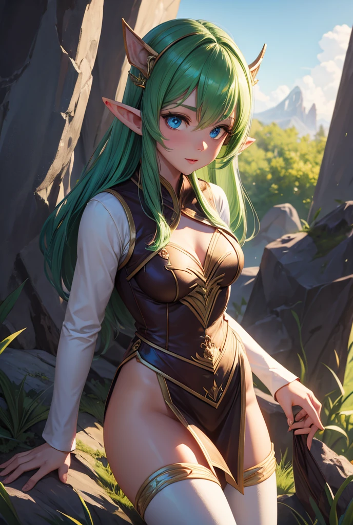 (masterpiece, best quality), 4k, intricate details, 1girl, high_elf_archer, elf, highres, pointy ears, green hair, long hair, green eyes, detailed eyes, perfect eyes, hair bow, torn clothes, showing breats, showing pussy, nsfw, sexy pose, sexy face, blush (pink cheek), erotica, brown cloak, ripped green thighhighs, medium breasts, cowboy shot, sexy pose, seductive, erotica, hot, sexy, sexy body, natural skin texture, pussy, pretty pussy, open pussy, wet, in a in hot springs, steam, waterfall, mountains.