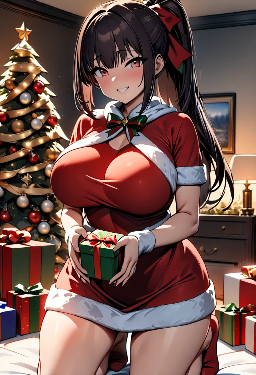 (  Masterpiece ,   top quality:1.2), (((One anime girl))) , (((Alone))),   Expressive Eyes ,  sexy, Santa girl costume, (((Dark-haired ponytail ))). ((( straight hair))), (smile), (((Reddish brown eyes))), ((( holding a present with both hands))), Christmas decorations, (Big Breasts), 嬉しそうなsmile,  Living Room , kneeling, show white panties