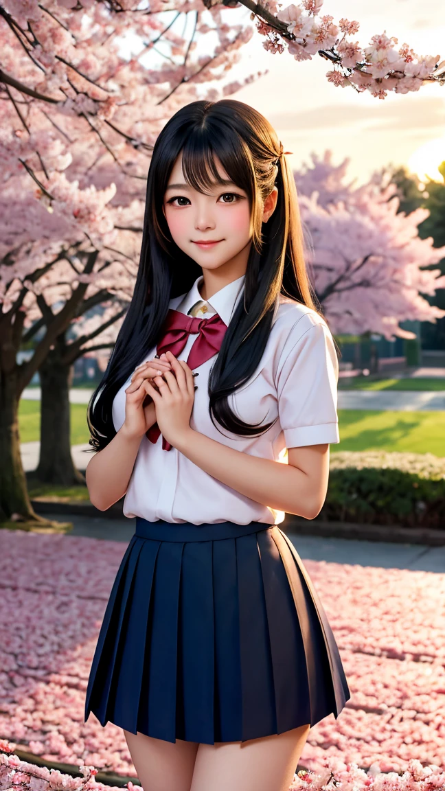 (masterpiece:1.3, best quality:1.3, ultra detailed:1.2, professional lighting:1.2, high resolution:1.2, sharp focus:1.2, 8k wallpaper:1.1, realistic details:1.1)
(beautiful young girl:1.3, school uniform:1.2, adolescent:1.2, gentle smile:1.2)
BREAK (long flowing hair:1.2, black hair:1.2, hair flowing in wind:1.1)
(soft blushing cheeks:1.2, dreamy eyes:1.2, nostalgic expression:1.2, tender gaze:1.1)
(sunset school yard:1.2, cherry blossoms:1.2, spring atmosphere:1.1)
(warm evening light:1.2, soft sunbeams:1.1, golden hour:1.1)
(sakura petals in wind:1.2, romantic mood:1.2, nostalgic atmosphere:1.1)
(standing pose:1.2, looking into distance:1.1, hand close to heart:1.1)