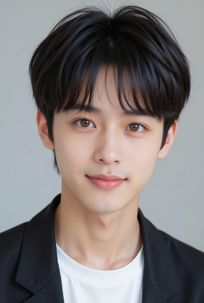  handsome mix korean japanese eleven year old boy, short black hair, dark brown eyes, gentle smile, sharp eyebrows, round face, cool, detailed eyes and face, small nose