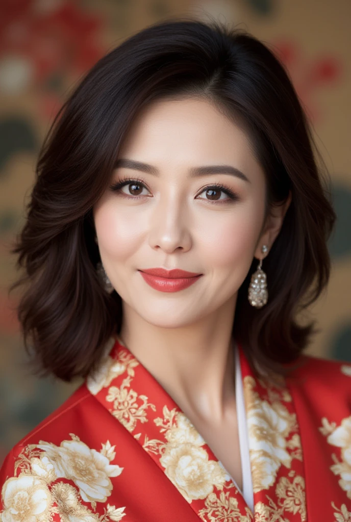 Mature Woman, ( detailed description of hair ), (Detailed description of the face), (Detailed description of the body), high definition , masterpiece,  top quality,  high detail, formal: 1.4), ( realistic : 1.2, 超 realistic な: 1.1,  realistic: 1.37), ( Sharp Focus : 1.4),  is written by,  physical based rendering,  wavy hair , ,  unrivaled beauty , (Ultimate beauty), (lipstick:1.1), ( eyeliner :1.2), ( mascara), ( Eye Shadow ), (48 years old,: 1.4), Japanese、 close-up 、 fine lines of laughter :1.2、seductive smile,( kimono:1.5),beautiful background