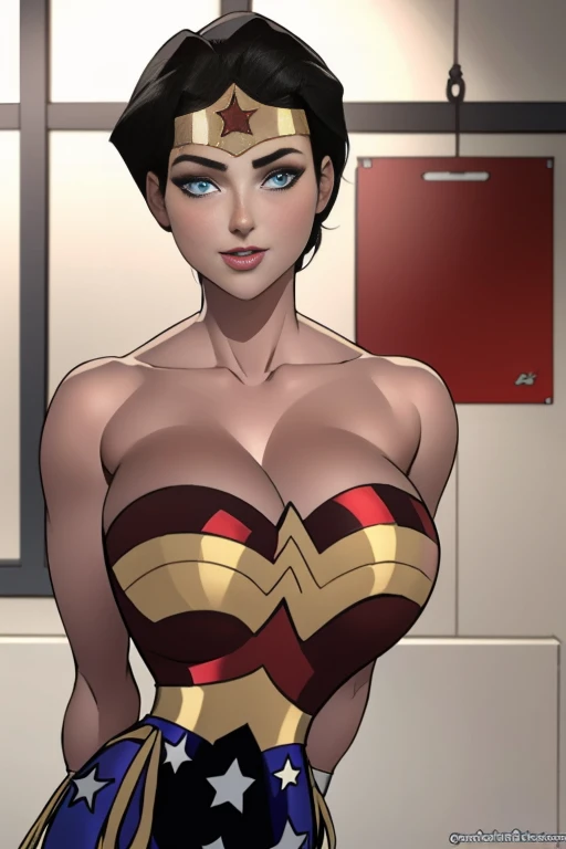 (High resolution CG), (    top quality ), (High resolution CG), (    top quality ), (Overall view)   Cool and charming     ,     Wonder Woman costume with a cool and charming face    ,        beautiful young woman , 18 years old,         Toned Muscles     ,  with a  Cool and charming     ,     sharp eye, Big Breasts, 