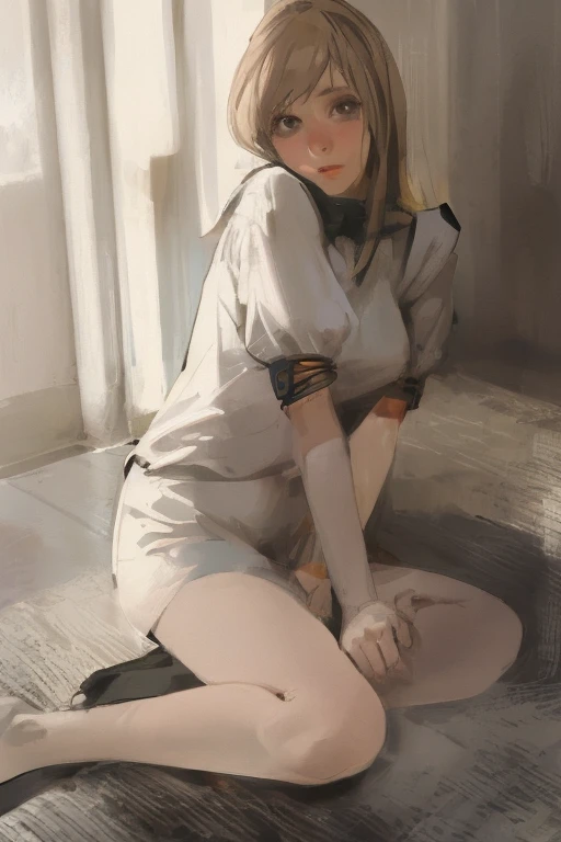 4k illustration, high quality, 1girl, petite, shy, kano_(singer), brown hair, antlers, short hair, blue eyes, (seifuku: 1.5), (white stockings:1.75), (detailed blue-white striped panties:2, shimapan), (cameltoe, labium:1.25), (no shoes:1.25), (small mouth), (pussy juice outflow:1.25), (feet in stockings: 1.5), (no shoes: 1.5), (pov panties),