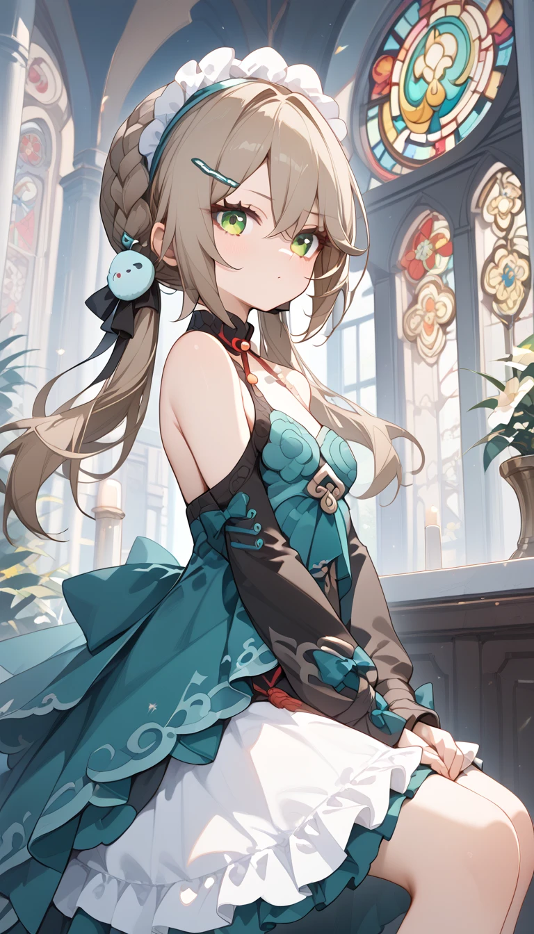 small breasts, brown hair, green eyes, braid, low twintails, hair ornament, hairpin, qingque,　Alone,  eyebrow visible from inside hair ,  hair between eyes　 top quality, very aesthetic, bare shoulders　gothic lolita　detachable sleeve　 Headdress　Frills　ribbon　palace　 stained glass