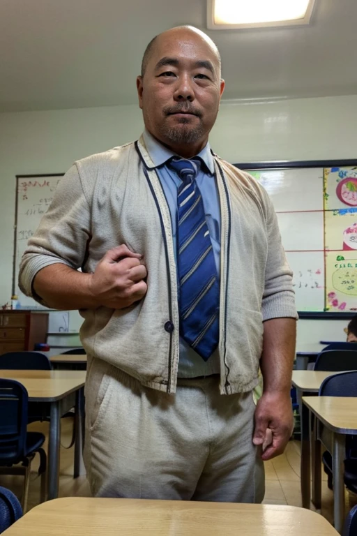 60-year-old Japanese man, he looks like a rugby player .,Bald,Elementary school teacher,A little hairy,Wear a suit,In the classroom