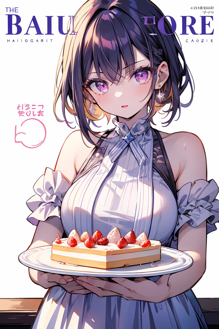 1 girl, small nose, very beautiful detailed face and eyes, bright colors, cute face, delicate beautiful face, Bright magenta eyes, cute eyes, sparkling eyes, Big eyes, (small breasts:1.3), (perky chest:1.1), (pointed chest:1.0), (cake magazine cover:1.3),highest quality, WorKs of masters, High resolution,BlacK color hair,shiny hair, side ponytail,hair between eyes,bangs, (black jacket, real clothes, cleavage, black skirts, black thighhighs, thigh strap, fingerless gloves, single glove:1.2) , spread legs, panties shot, medium hips, glamorous body, white skin, smile, thin pubric hair, super beautiful face, Super beautiful eyes, Super beautiful hair,trendy outfit,sexy and attractive,full body esbian, Real World, Natural light,perfect Natural light,(with sparkling eyes and a contagious smile), This masterpiece is not only visually stunning but also tells, make of cake cooking , in the kitchen, open mouth, looking at viewer,