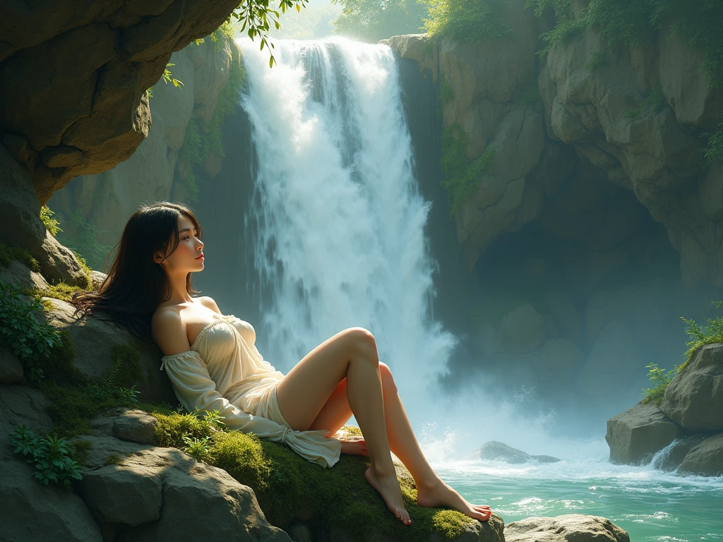 A beautiful asian and young girl.Her facial features are exquisite and fully conform to the golden ratio of human anatomy...Her long,straight long black hair, Big breasts, huge chest, fat body, beautiful scenery, big breasts, big, big , busty , big breast, big , wearing a sexy sheer silk sarong skirt,sexy pose , big breasts , big breasts, huge , full body shot, thick body, at the waterfall , sitting on a big tree branch