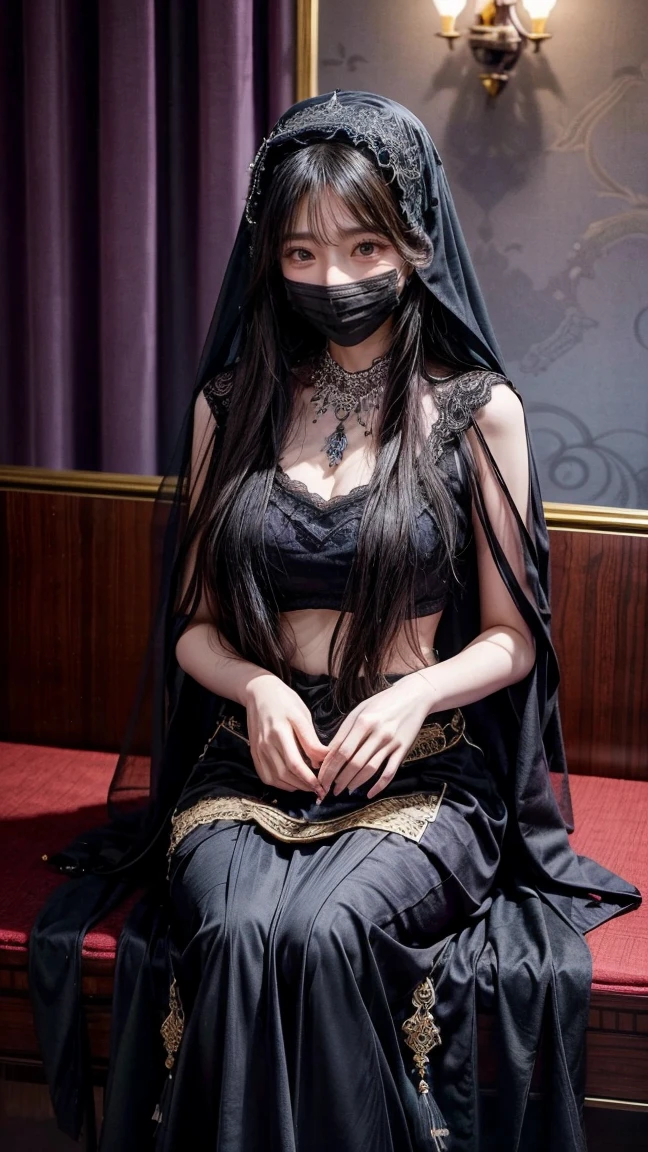  full body shot、 woman sitting 、水晶の前に woman sitting 、 Woman Holding Her Hands Over a Crystal 、 wear an Arabian mask 、 Lace Arabian Mask 、 Lace Face Veil 、 wear a black face veil、smile、 Arabian Outfit in Purple、 Detailed Background 、 Inside a Luxury Fortune Telling House 、High Class Fortune Telling 
